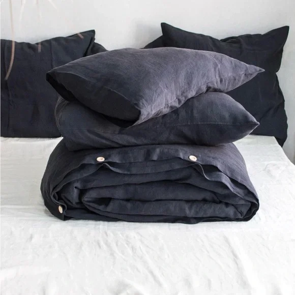 100% Natural Linen Graphite Blue Queen Bedding Set - Picture 3 of 7